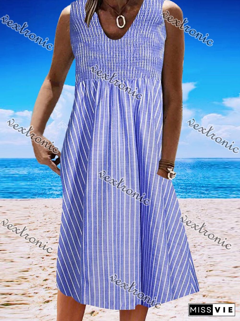 Women's Purple Sleeveless V-neck Graphic Striped Midi Dress