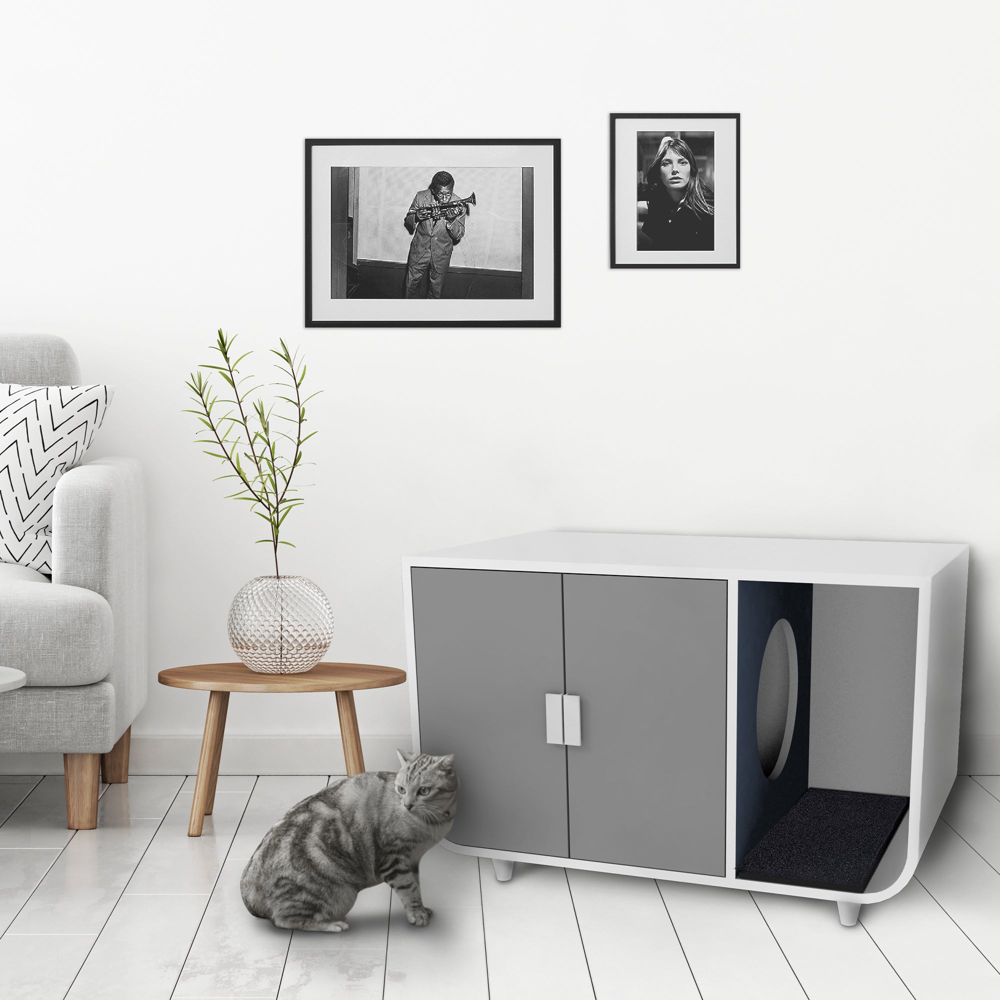 Teamson Pets Large Dyad Wooden Cat Litter Box Enclosure and Side Table， Alpine White/Gray