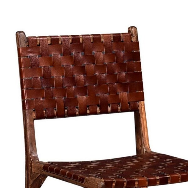 34 Inch Set of 2 Wood Dining Chairs， Leather Woven Back and Seat， Brown