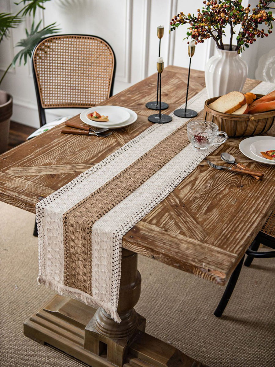 SEARIPE Macrame Table Runners with Tassels， Cotton Linen Boho Table Runner for Wedding Bridal Shower Kitchen Dining Home Decor 12x63