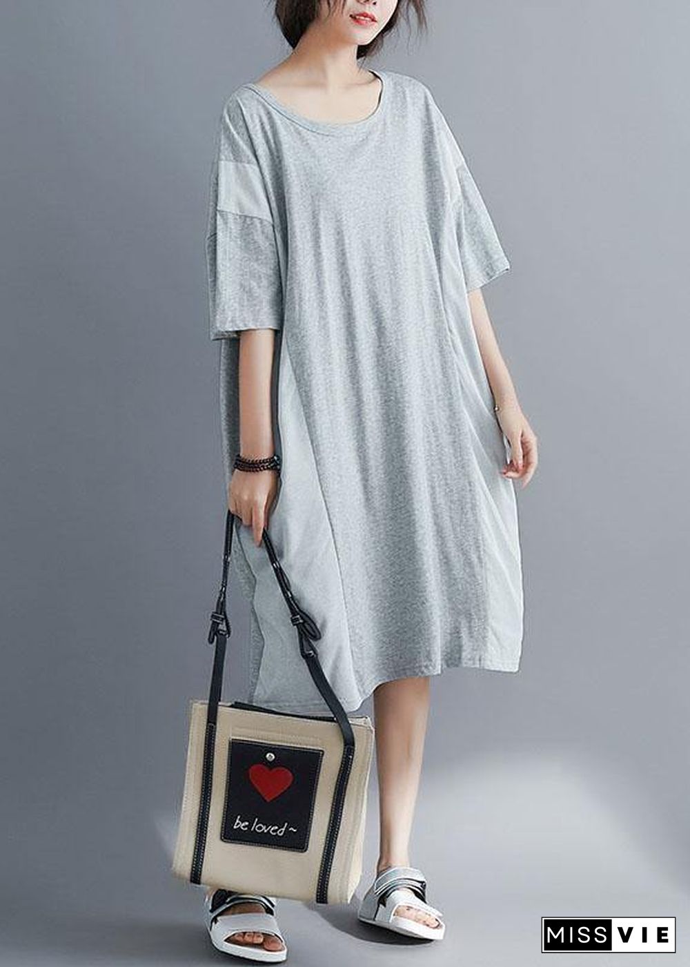 Elegant gray cotton Tunics o neck patchwork Maxi summer Dresses