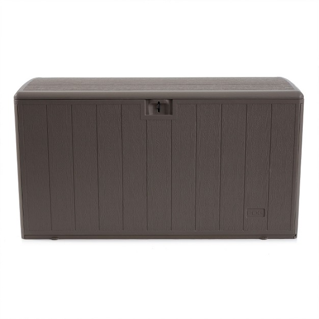 Plastic Development Group 105 Gallon Weatherproof Resin Outdoor Patio Storage Deck Box With Secure Lid Retainer Straps Driftwood Gray