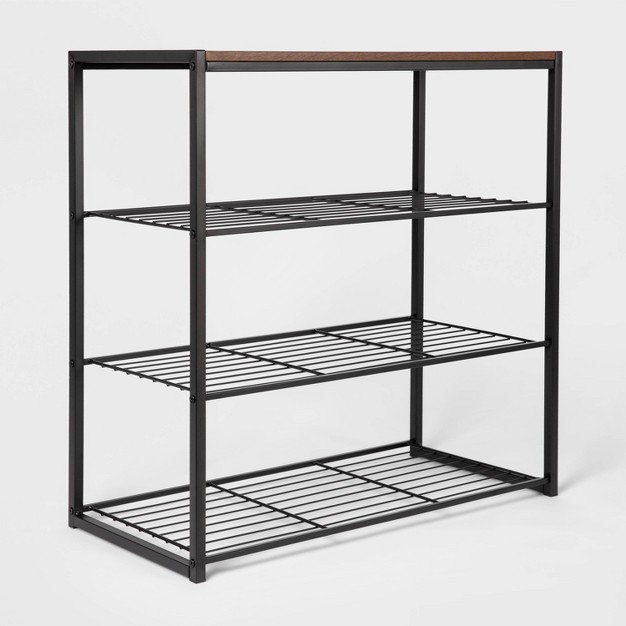 4 Tier Shoe Rack Black Metal With Walnut Wood