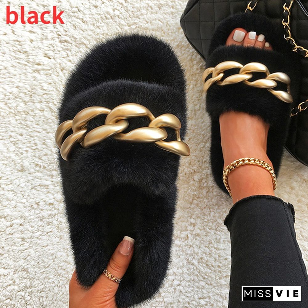 New Matte Gold Chain Decorate Female Fluffy Fur Slides Plush Warm Slippers Luxury Slippers Slip-On Thick Bottom Women