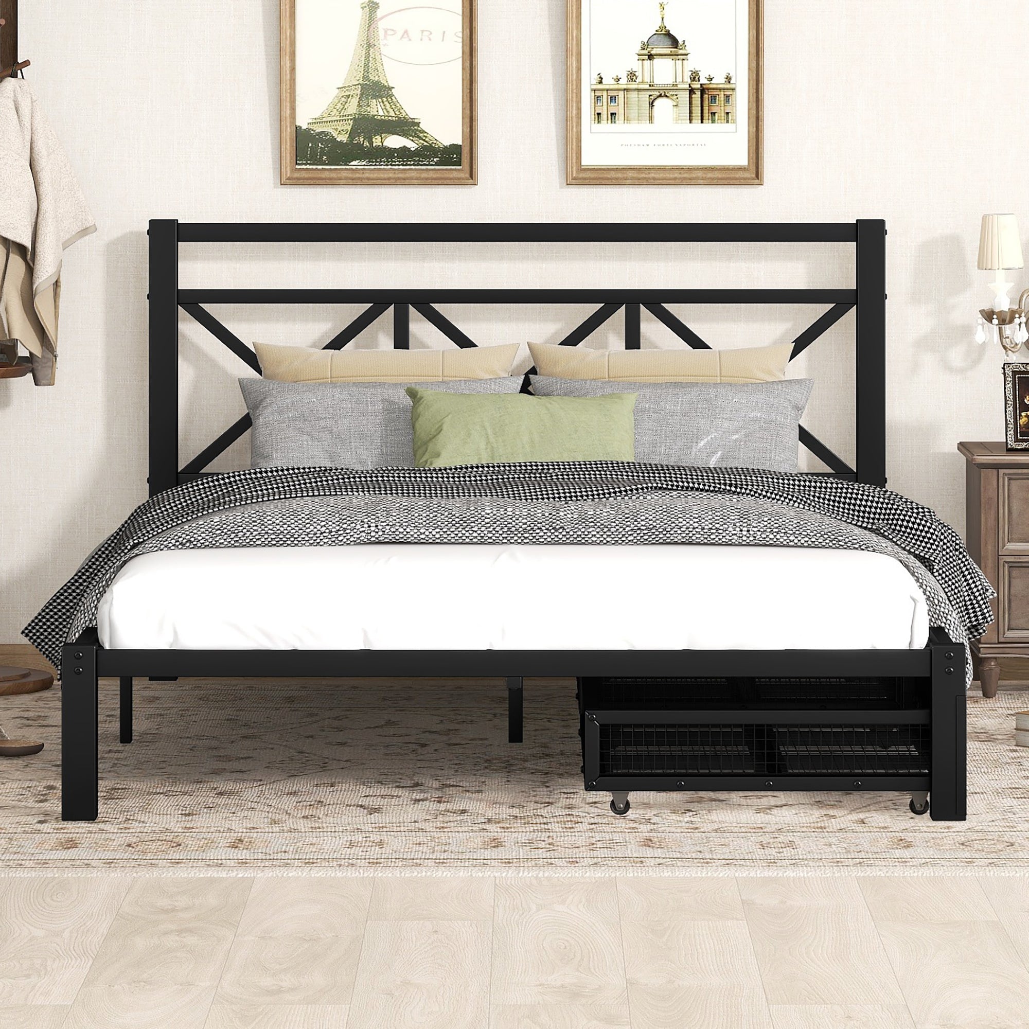 Metal Full Size Platform Bed with Two Drawers for Kids Room, Black