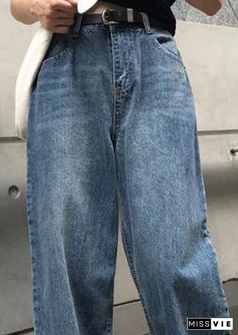 winter vintage denim blue pants high waist wide leg trousers