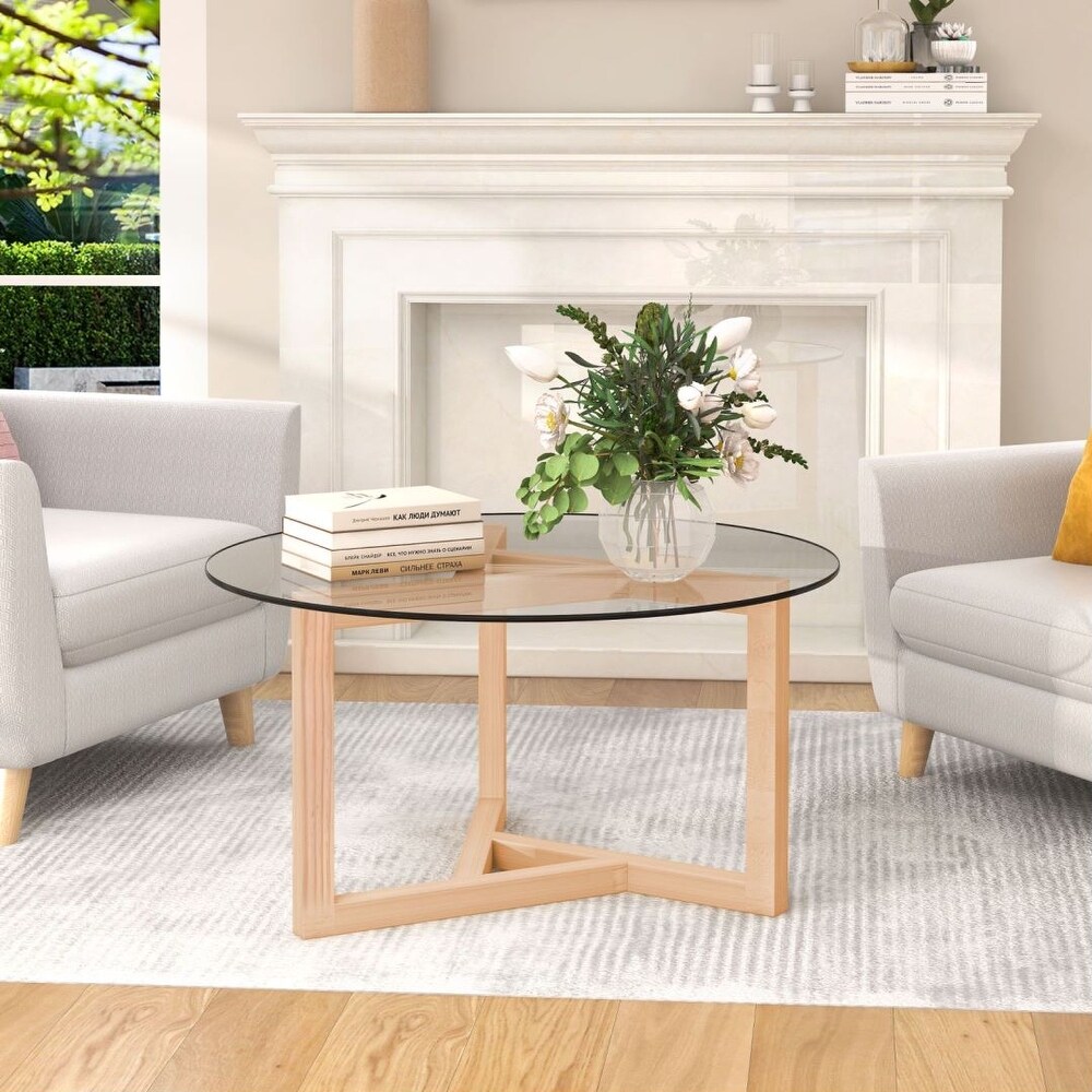 Round Glass Coffee Table with Tempered Glass Top and Sturdy Wood Base