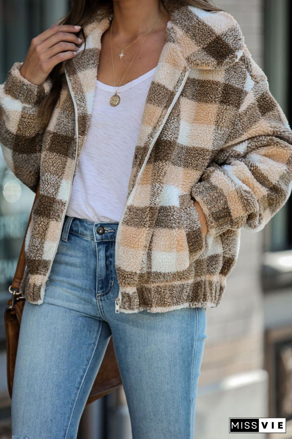 Brown Plaid Print Sherpa Jacket Coat