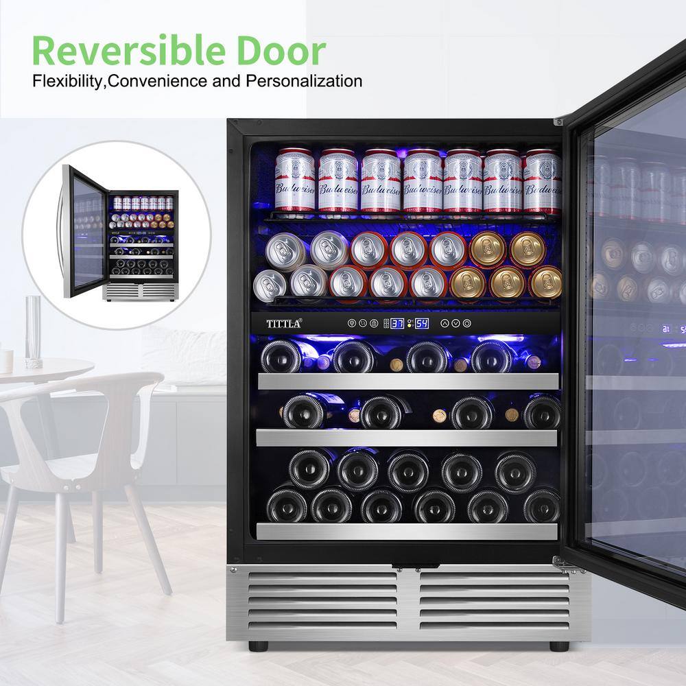 TITTLA 23.47 in. Dual Zone 29-Wine Bottles  90-Cans Beverage  Wine Cooler in Silver Reversible Door Hinge Interior Blue LED KMYC150-2