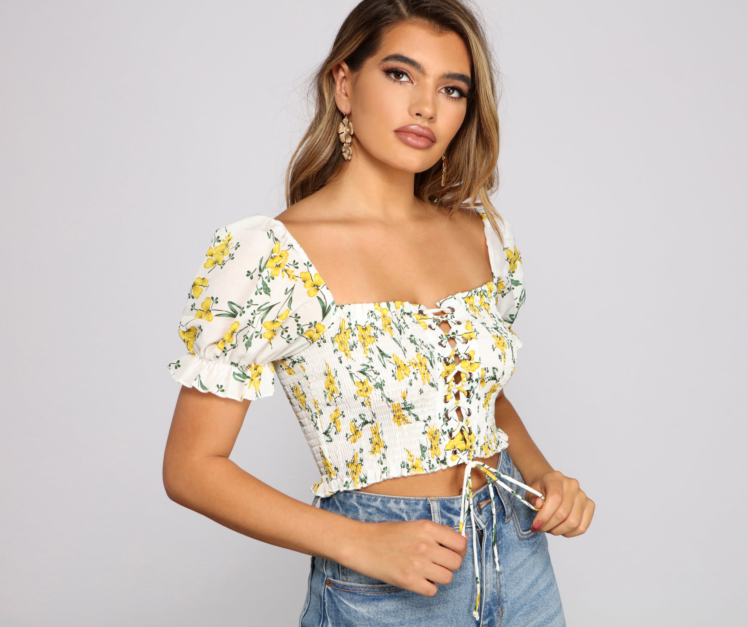 Flirty Floral Lace-Up Crop Top