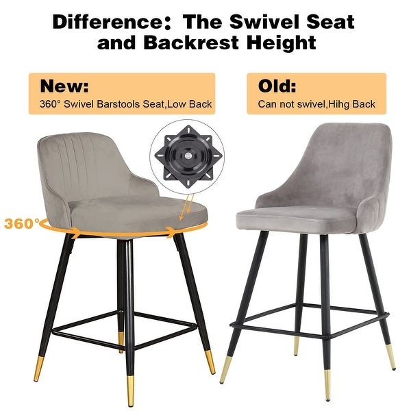 360° Swivel Bar Stools Set of 2， Counter Height Upholstered Velvet Barstool with Comfy Back， Footrest， - as picture