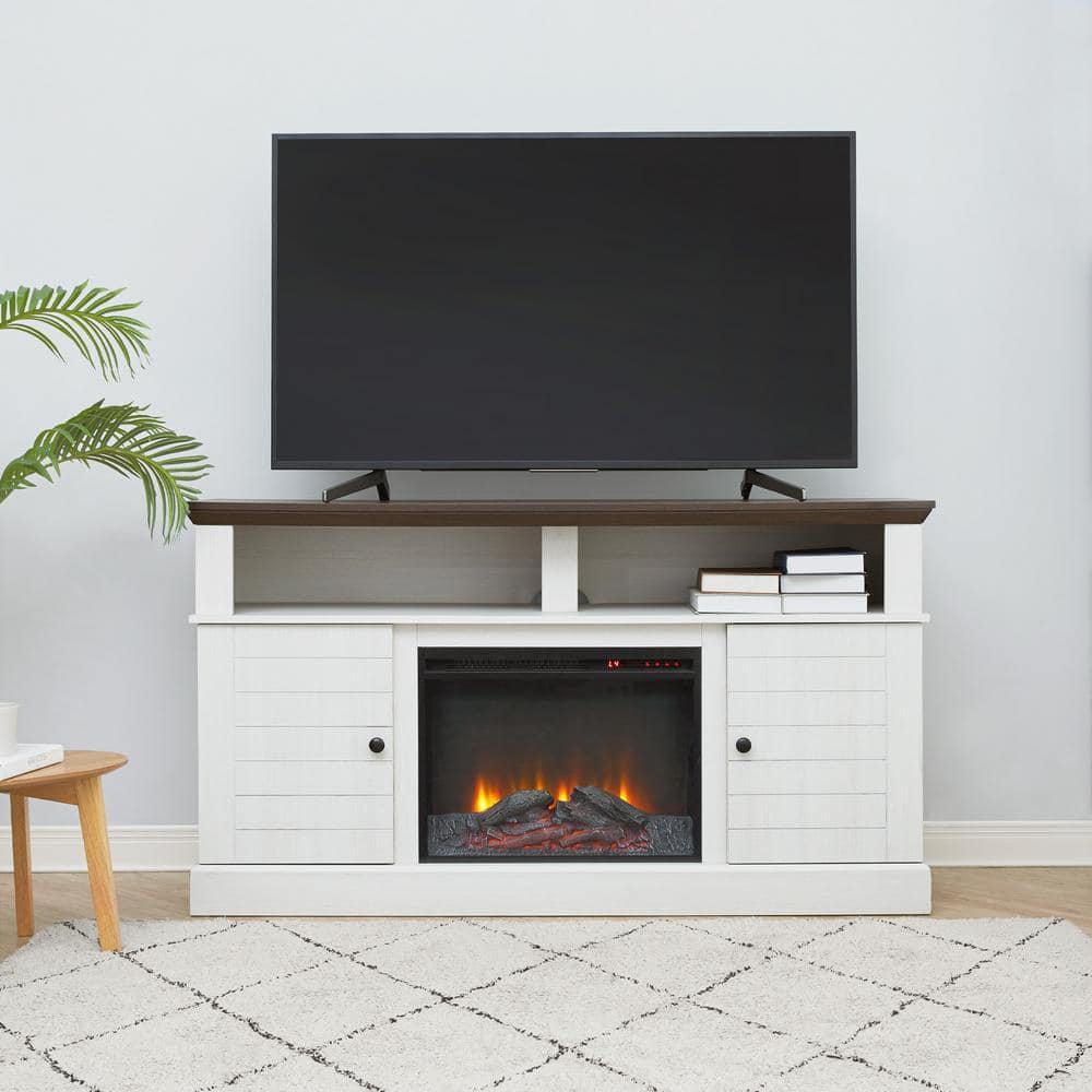 Teamson Home Eliana 60 in Electric Fireplace TV Stand Console with 23 in Insert and Remote Control in Dark Oak and White