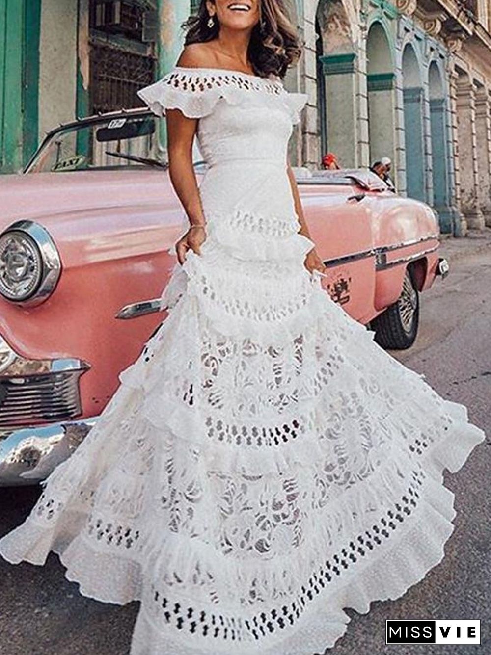 Women's A-Line Dress Maxi long Dress - Short Sleeve Solid Color Ruffle Spring & Summer Off Shoulder Hot Holiday Beach vacation dresses Lace White S M L XL White Dresses