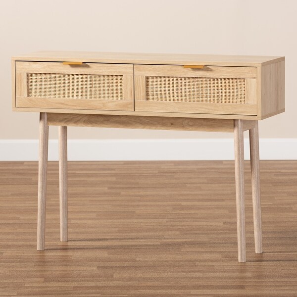 Baird Light Oak Brown Finished Wood and Rattan 2-Drawer Console Table