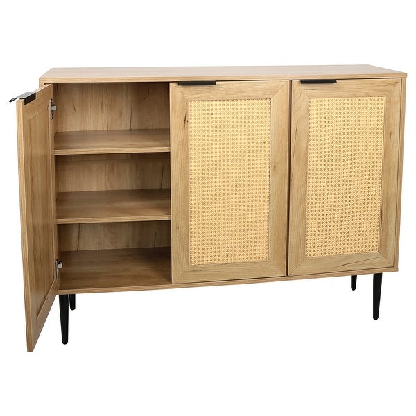 Wooden Kitchen Storage Cabinet with 3 Rattan Doors and Metal Legs