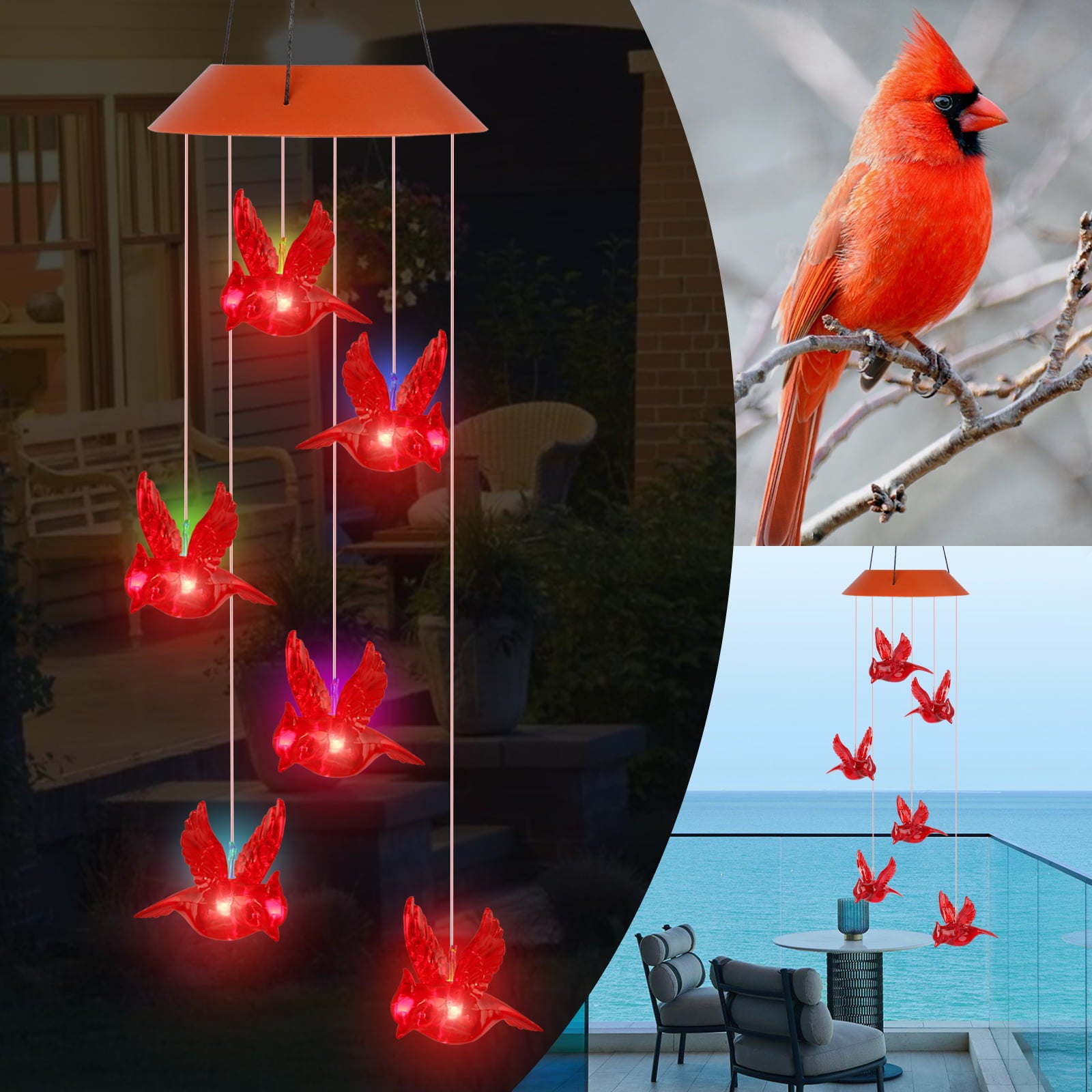 EEEkit Solar Cardinal Red Bird Wind Chime Lights， LED Cardinal Mobile Wind Chimes with S Hook， IP65 Waterproof for Patio Deck Yard Garden Home Decor