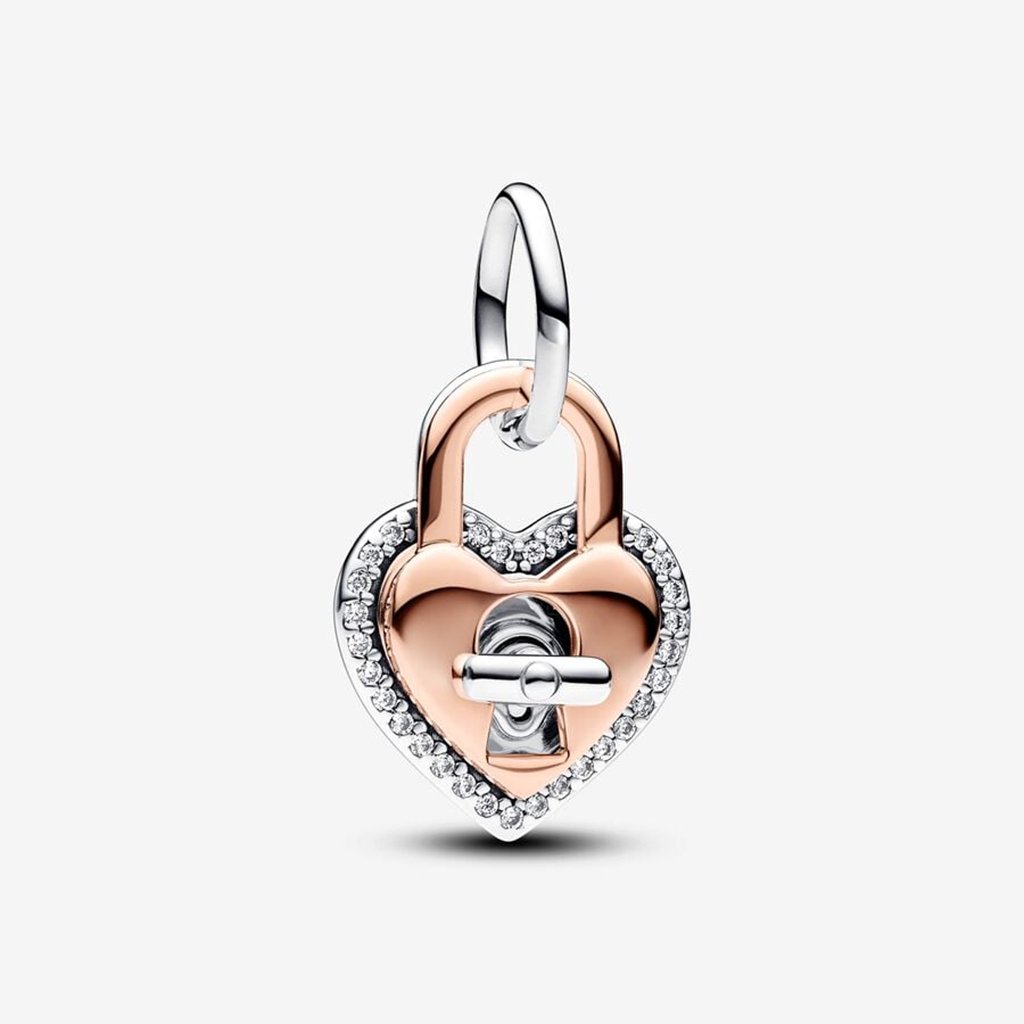 PANDORA  Two-tone Twistable Heart Padlock Double Dangle Charm - Sterling silver and 14k Rose gold-plated unique metal blend