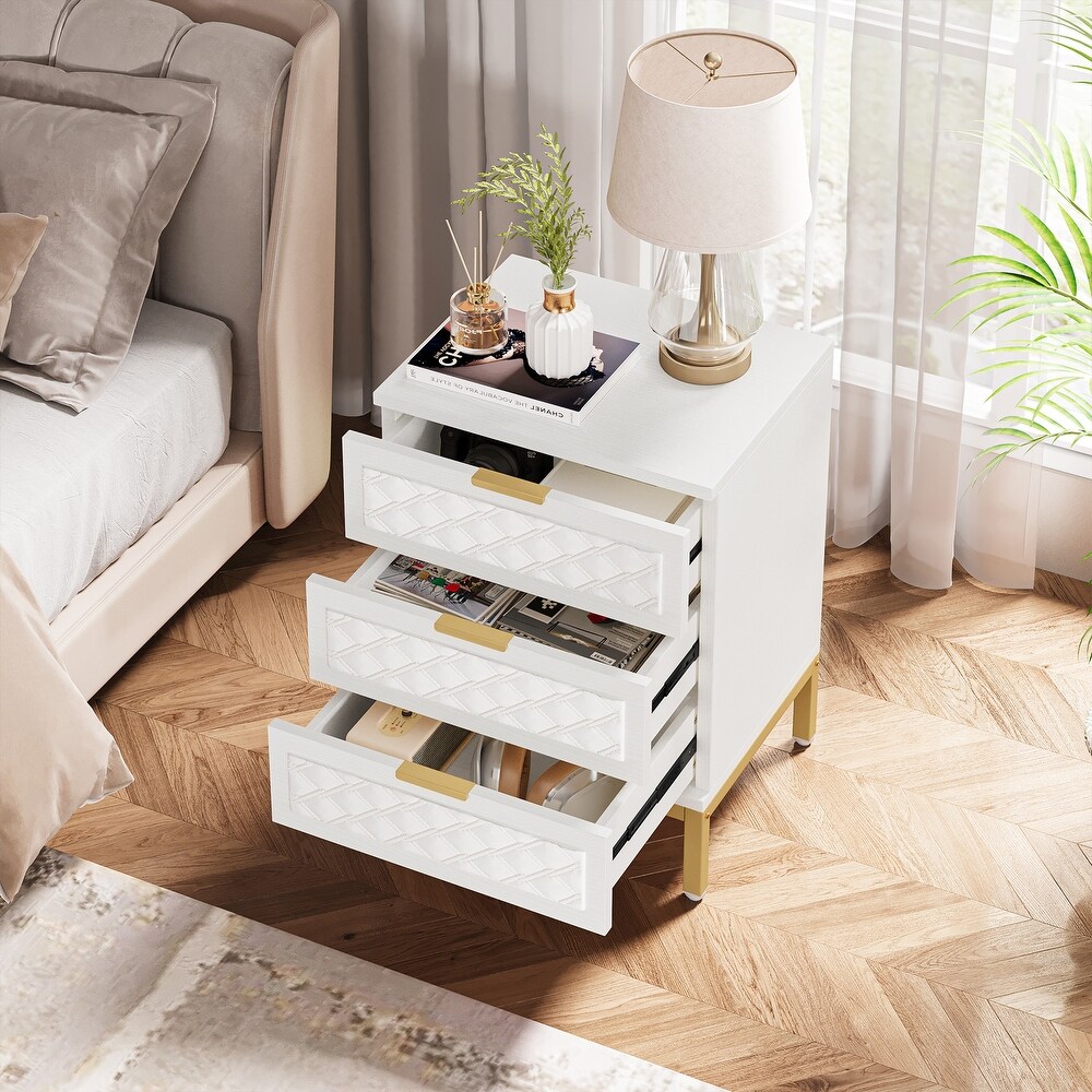 3 Drawer Nightstand  Modern Beside Table End Table with Storage Drawers and Gold Legs