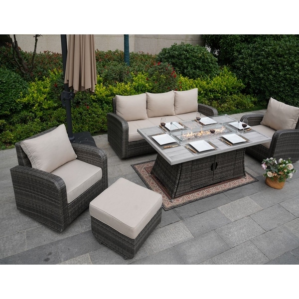 5Piece Wicker Patio Sofa Set with Gas Firepit And Ice Bucket by None