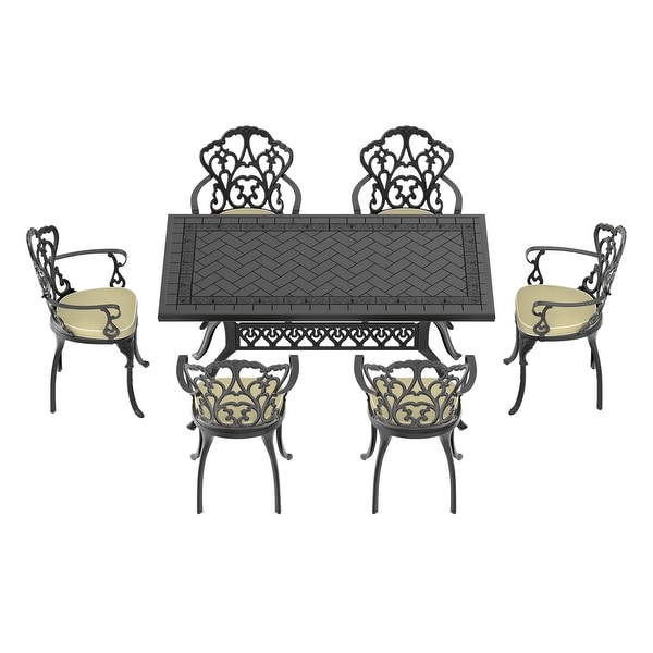 5/7Piece Cast Aluminum Outdoor Dining Set with 59.06'' L X 35.43'' W Rectangular Table and Random Color Seat Cushions