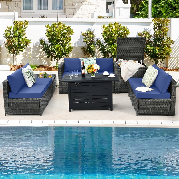 Tangkula 9 Pcs Rattan Dinning Set Wicker Sofa W propane Gas Fire Pit 60 000 Btu Heater