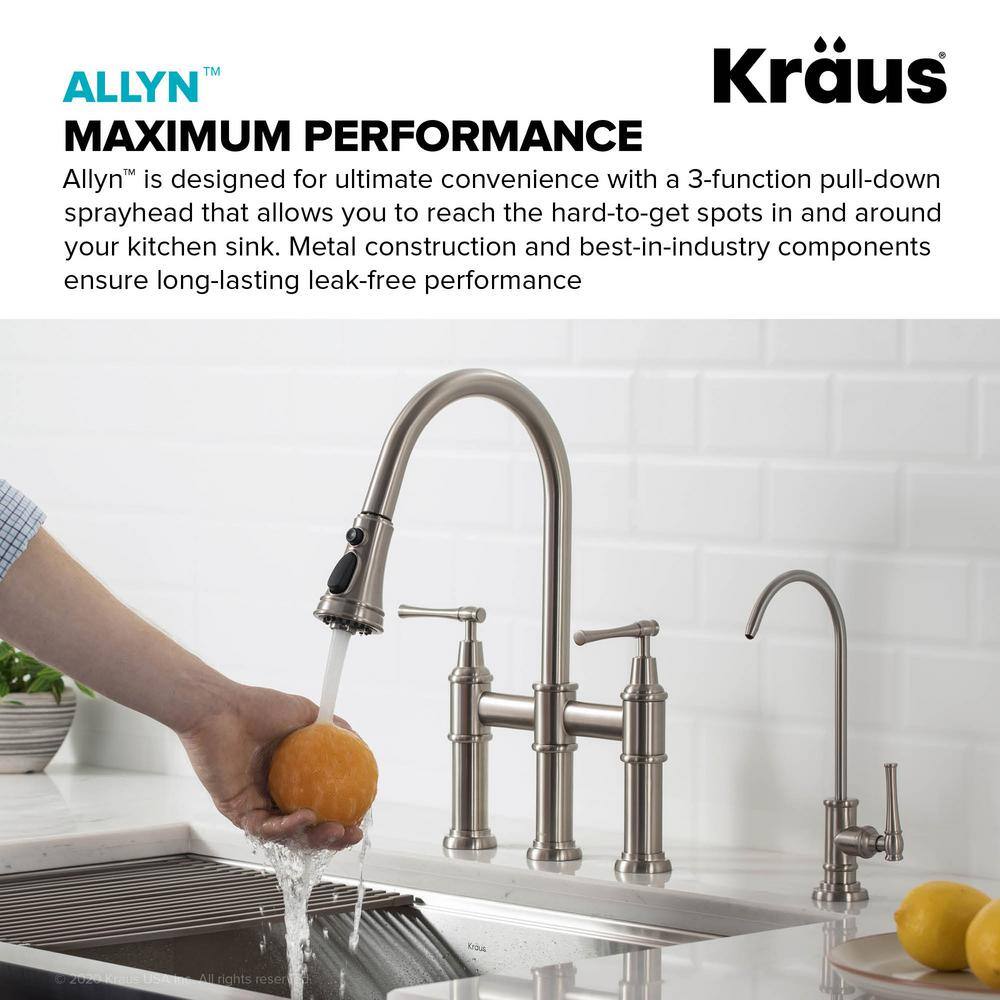 KRAUS Allyn Double Handle Transitional Bridge Kitchen Faucet with Pull-Down Sprayhead in Spot Free Stainless Steel KPF-3121SFS