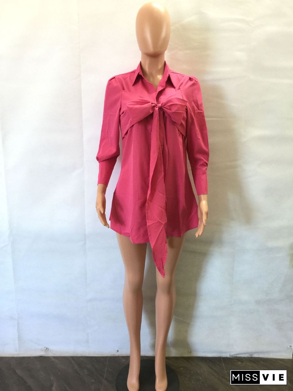 Solid Color Bowknot Decor Long Sleeve Shirt Dress