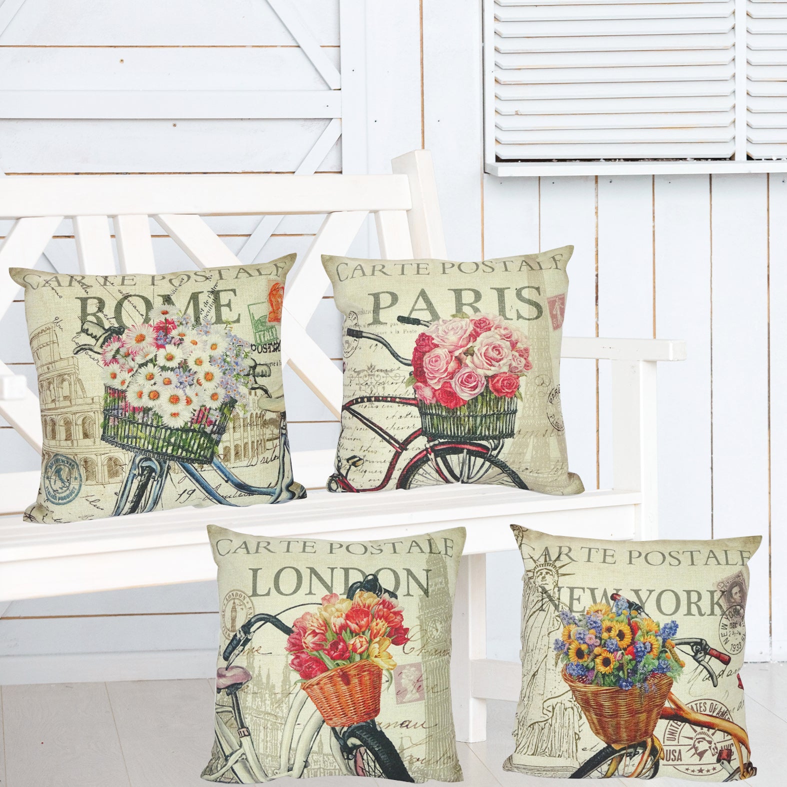 L1 Country Series Floral Flowers Bike Throw Pillow Covers 18x18 Inches, Pack of 4, Farmhouse New York, Rome, Paris, London Pillow Cases, Indoor Outdoor Decor for Patio,Couch,Bed