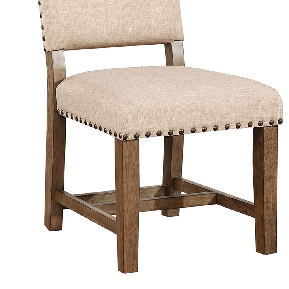 Fabric Upholstered Solid Wood Side Chair  Pack of Two  Beige and Brown