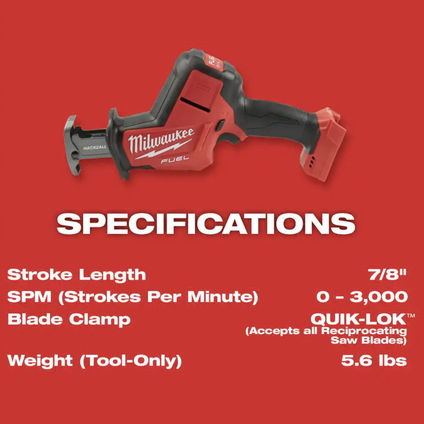 Milwaukee M18 FUEL 18V Lithium-Ion Brushless Cordless Hackzall Reciprocating Saw， Tool-Only (2719-20)