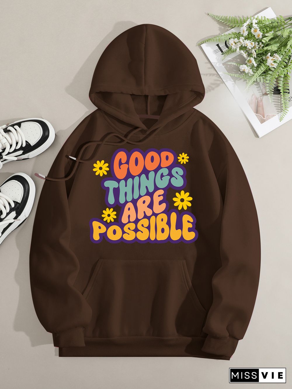 Printed on front Kangaroo Pocket Hoodie Long Sleeve for Women Pattern good things are possble