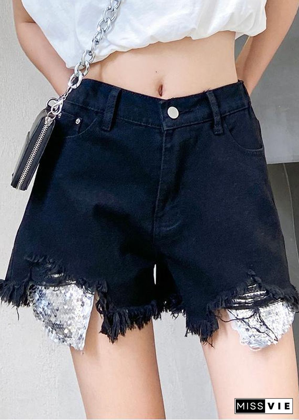 Denim black shorts women's thin section large size hole high waist pants