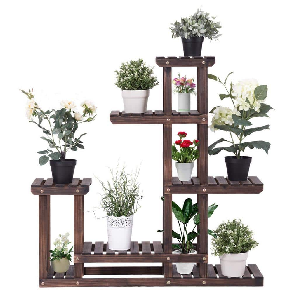 FORCLOVER 38 in. Tall IndoorOutdoor Brown Fir Wood Plant Stand 6-Tiered CTW-GT3542