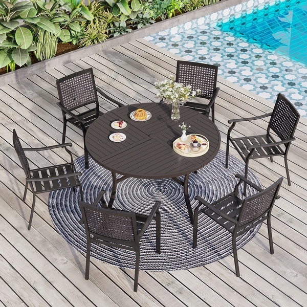 7Piece Patio Dining Set ，Large Round Dining Table with Umbrella Hole and Metal Swivel Dining Chairs