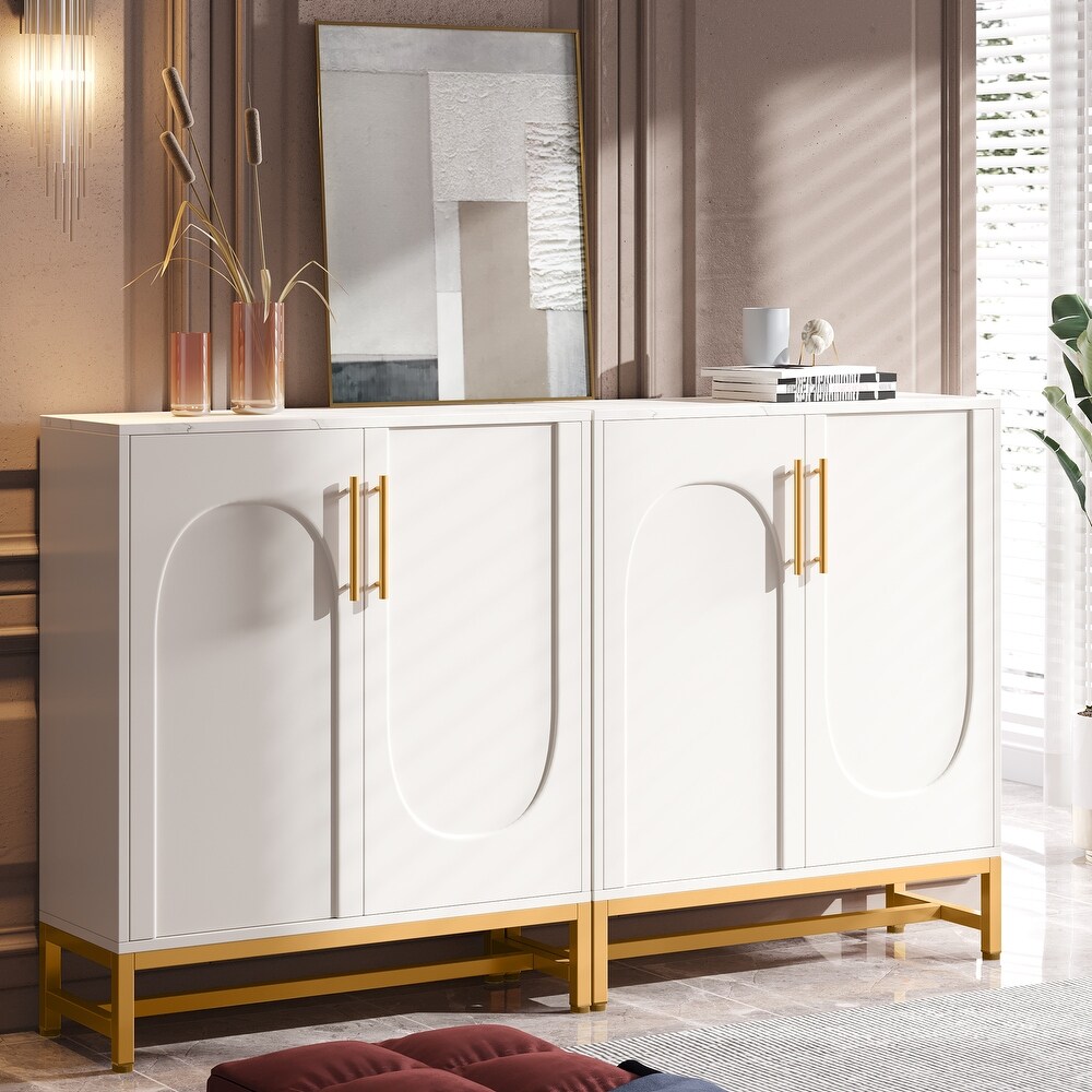 Sideboard Buffet Cabinet  White Gold Buffets with 4 Doors  Side Storage Cabinet