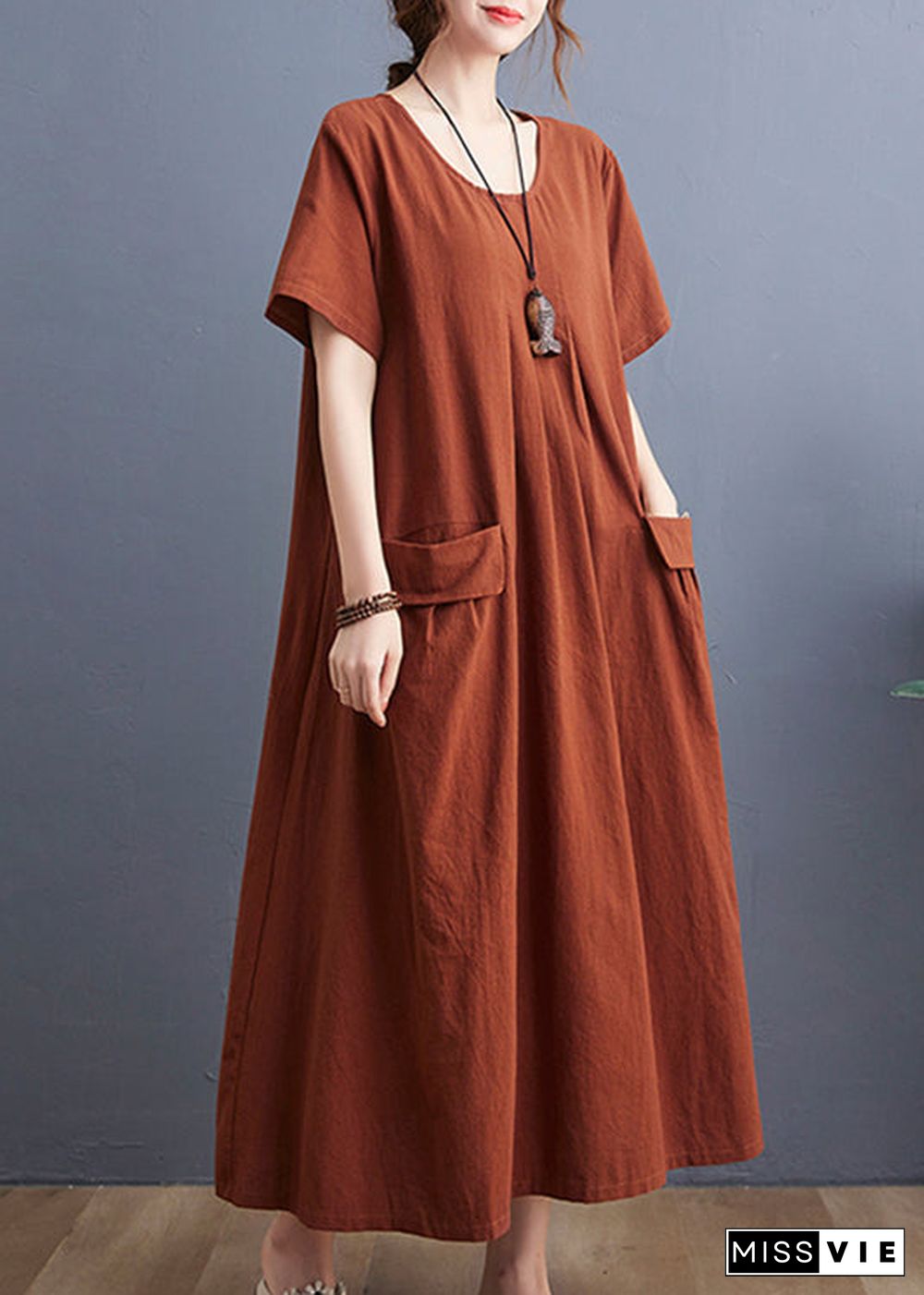 Casual Caramel O-Neck wrinkled Pockets Linen Dress Short Sleeve