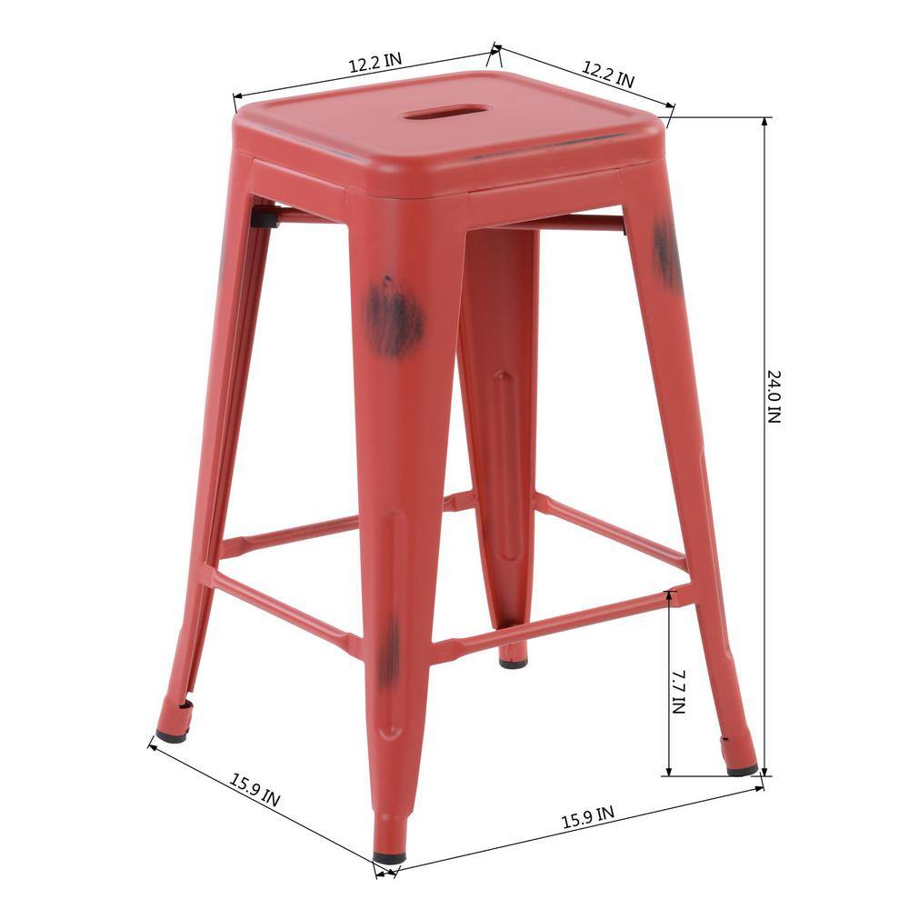 Homy Casa Zolnes 24 in. Red Backless Metal Frame Counter Stool (Set of 4) ZOLNES 24 VINTAGE RED 4PCS