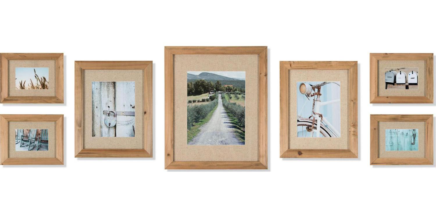 Gallery Perfect 7 Piece Rustic Wood Frame Gallery Wall Kit with Natural Linen Mat and Decorative Art Prints  Crowdfused