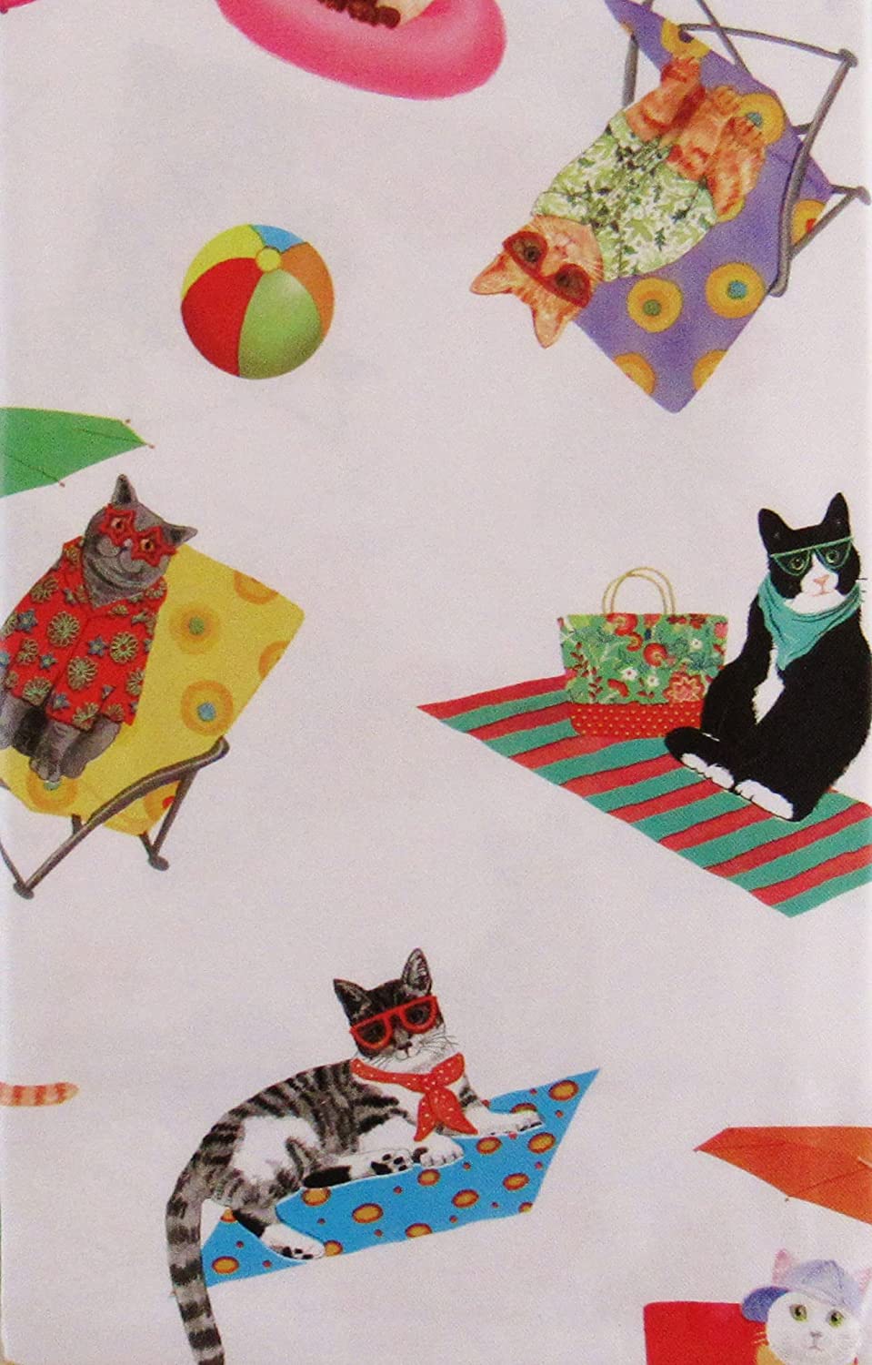 Summer Fun Beach Cats Vinyl Flannel Back Tablecloth: Silly Cats Decked Out Having Fun at the Beach with Umbrellas Beach Balls and Relaxation 60" inch Diameter Round