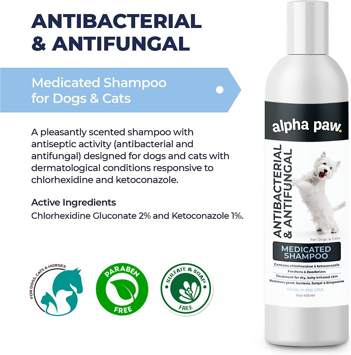 Alpha Paw Antibacterial and Antifungal Medicated Dog and Cat Shampoo， 16-oz bottle