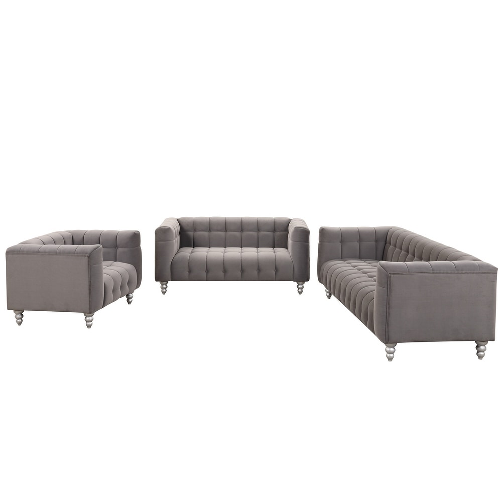 Grey Polyester Upholstered Sofa Set  Solid Wood Legs  3 Seater + Loveseat + Single Sofa