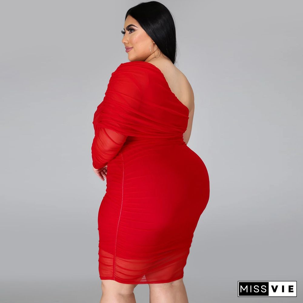 Plus Size Mesh Solid Single Sleeve Bodycon Dress