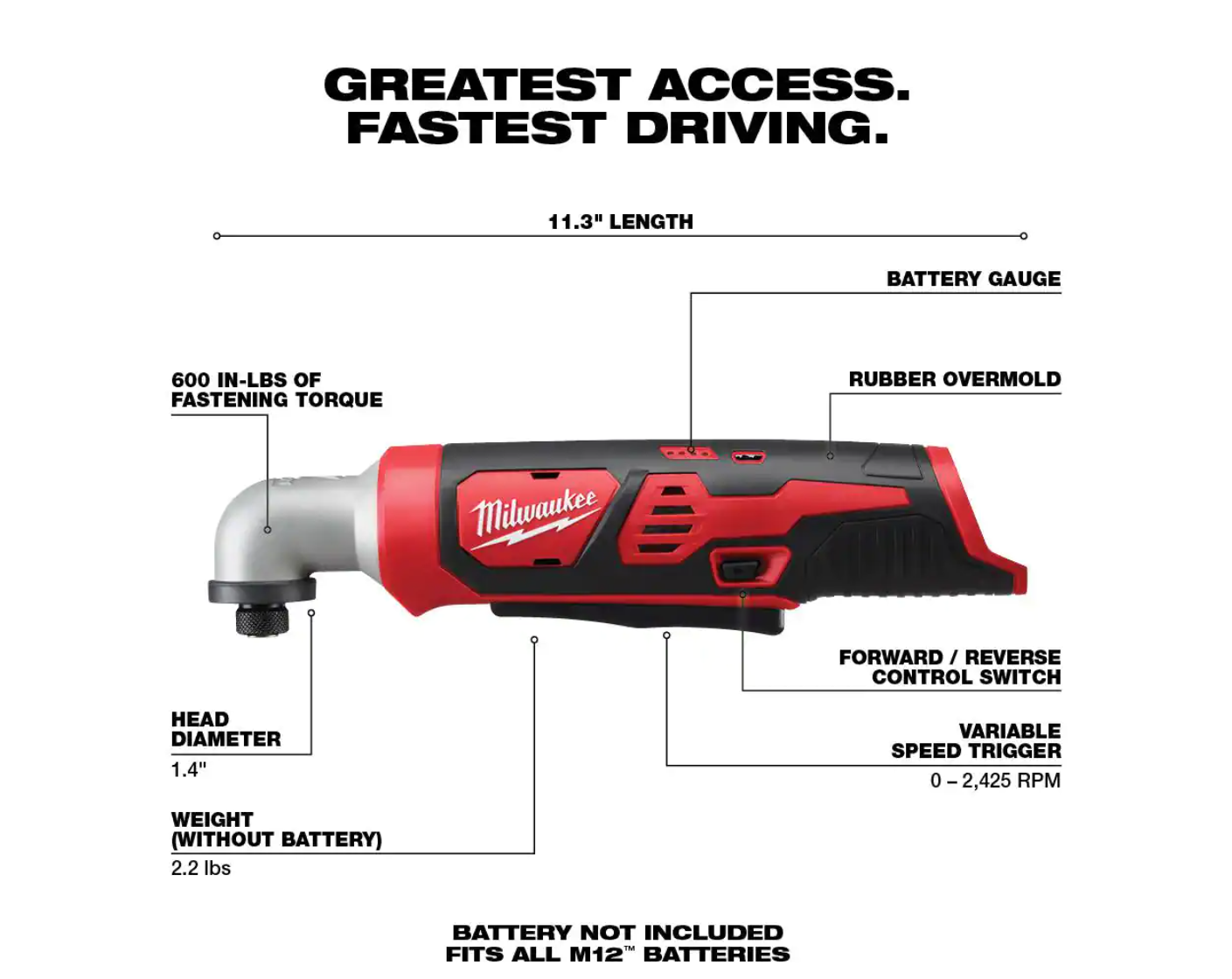 Milwaukee 2467-20-2460-20-48-11-2460 M12 12V Lithium-Ion Cordless 1/4 in. Right Angle Hex Impact Driver with M12 Rotary Tool and 6.0 Ah XC Battery Pack