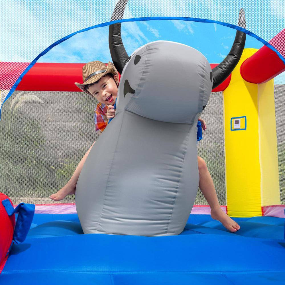 Bestway Brave the Bull Multicolor PVC Indoor or Outdoor Inflatable Bounce House with Air Blower 53401E-BW