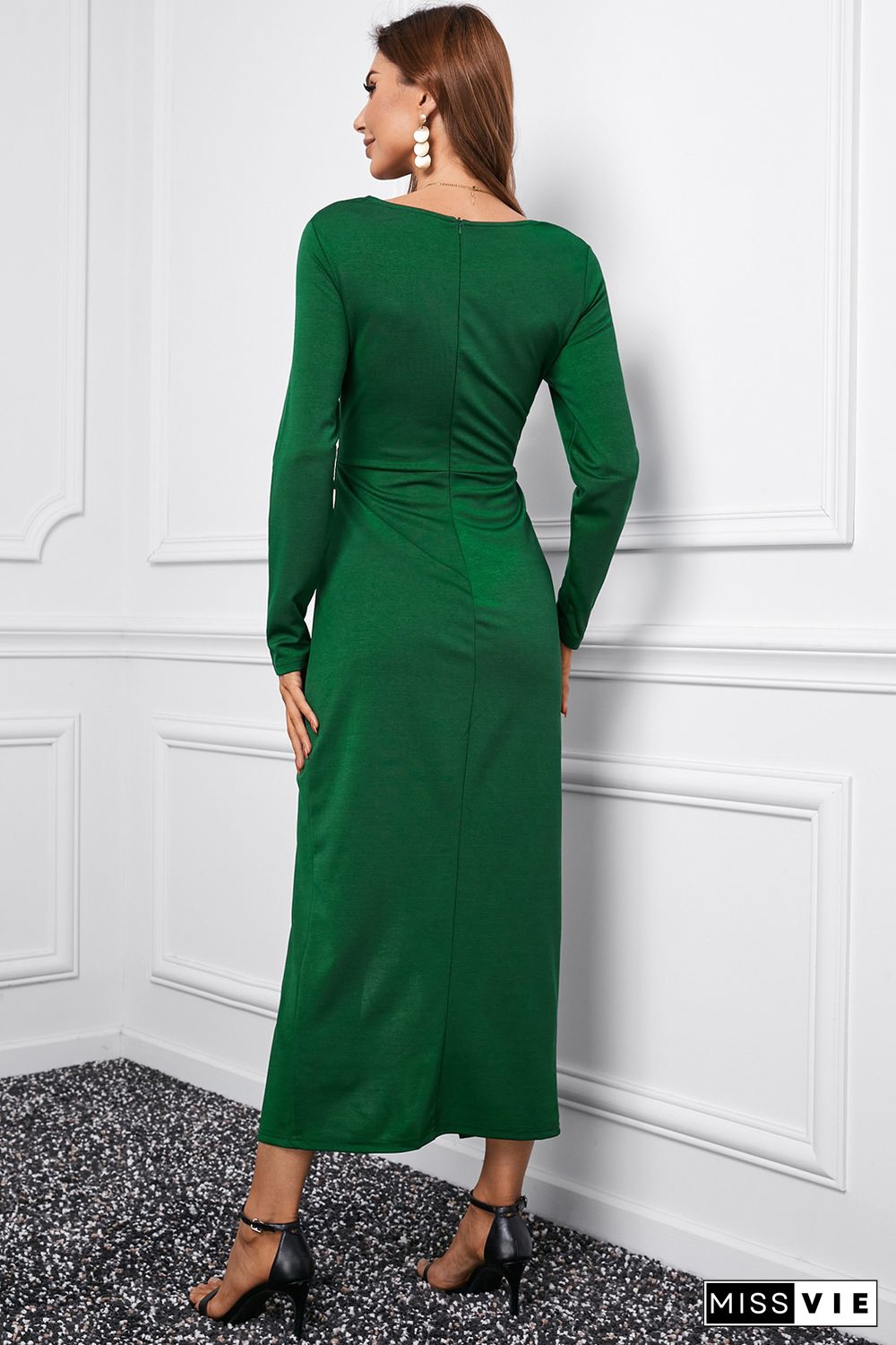 Green Long Sleeve V Neck Twist Front Slit Long Dress