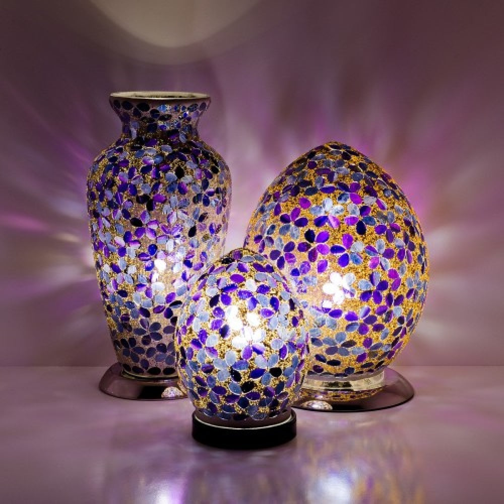 Britalia 880409 Purple Flower Mosaic Glass Vintage Egg Table Lamp 20cm