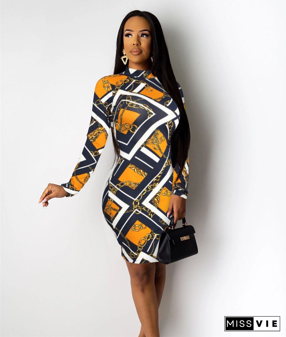 Full Print Long Sleeve O Neck Bodycon Dresses