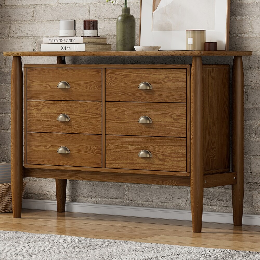 CUSchoice Mid Century Modern Wood 6 Drawer Dresser Storage Cabinet