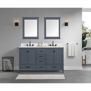 Home Decorators Collection Merryfield 61 in. W x 22 in. D x 35 in. H Freestanding Bath Vanity in Dark Blue-Gray with Carrara White Marble Top 19112-VS61-DG