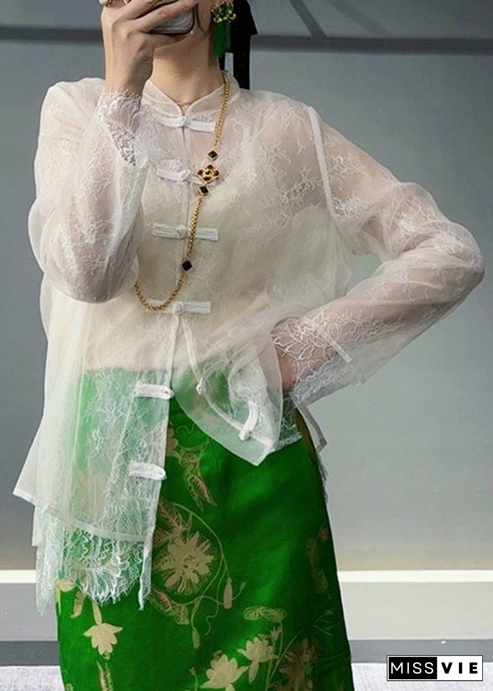 Unique White Button Lace Patchwork Tulle Shirt Fall